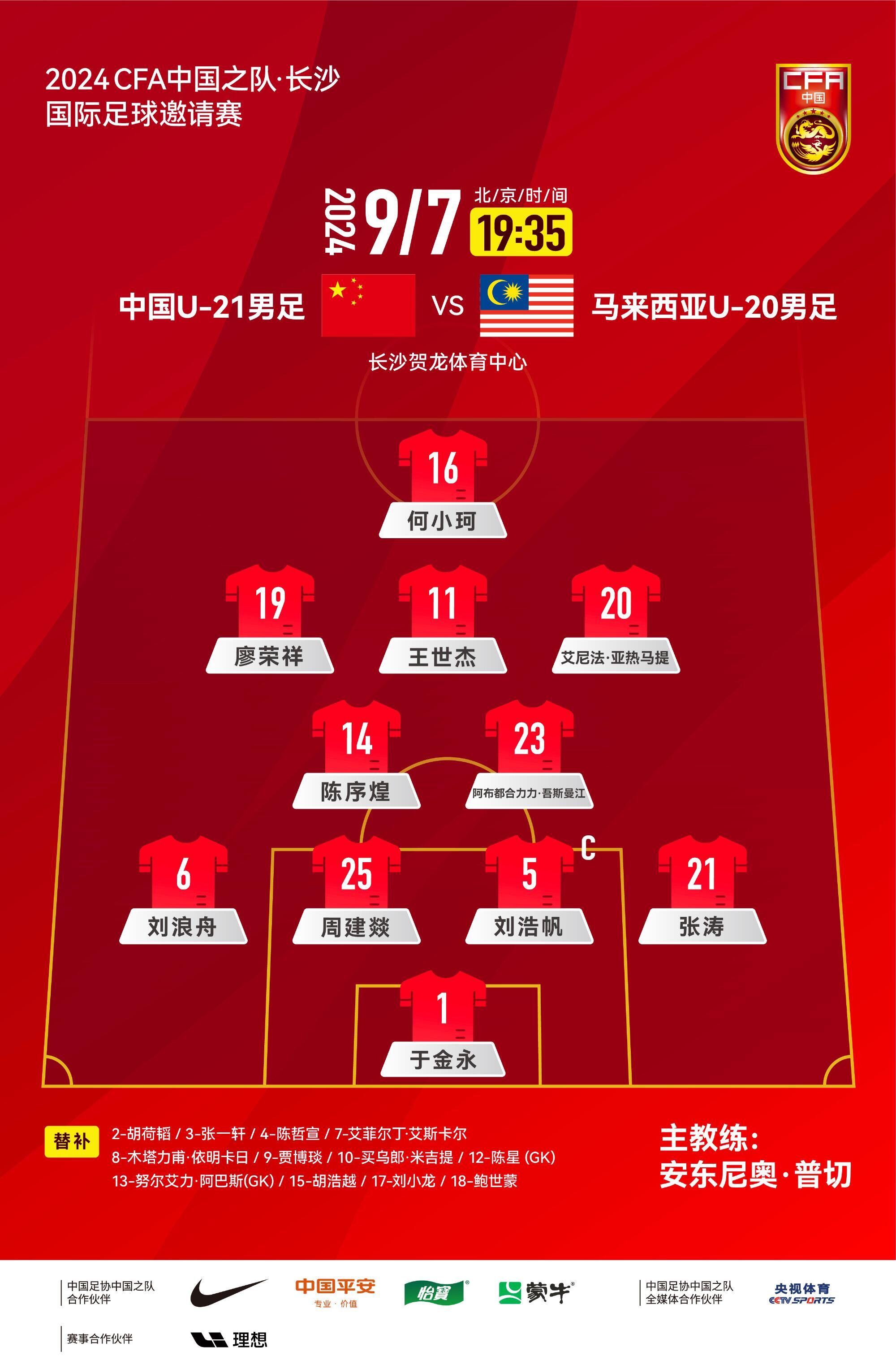 U21國足vs馬來西亞首發(fā)：何小珂、于金永先發(fā)，劉浩帆、王世杰出戰(zhàn)